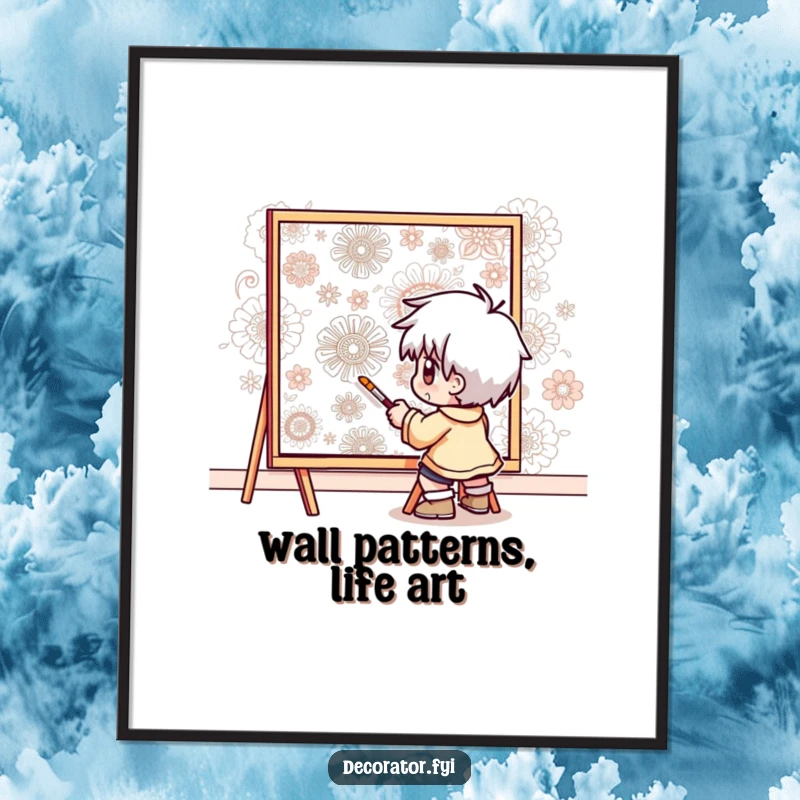 Funny Free Printable Wall Art: A determined character meticulously painting complex and beautiful intricate patterns onto a wall.