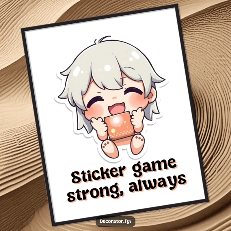 Funny Free Printable Wall Art: Character joyfully applying a shiny sticker to a surface, radiating happiness and humor.