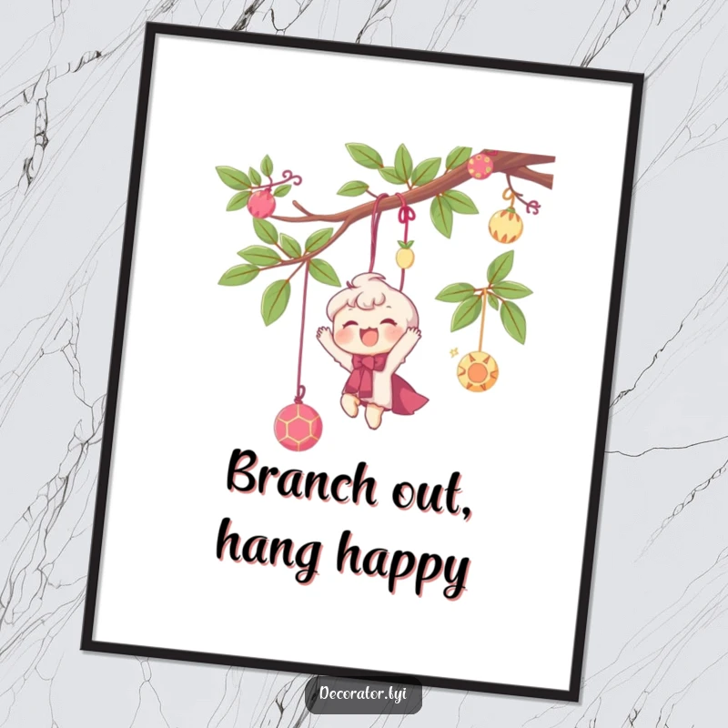 Funny Free Printable Wall Art: A delighted character happily hanging colorful and whimsical decorations from a tree branch.