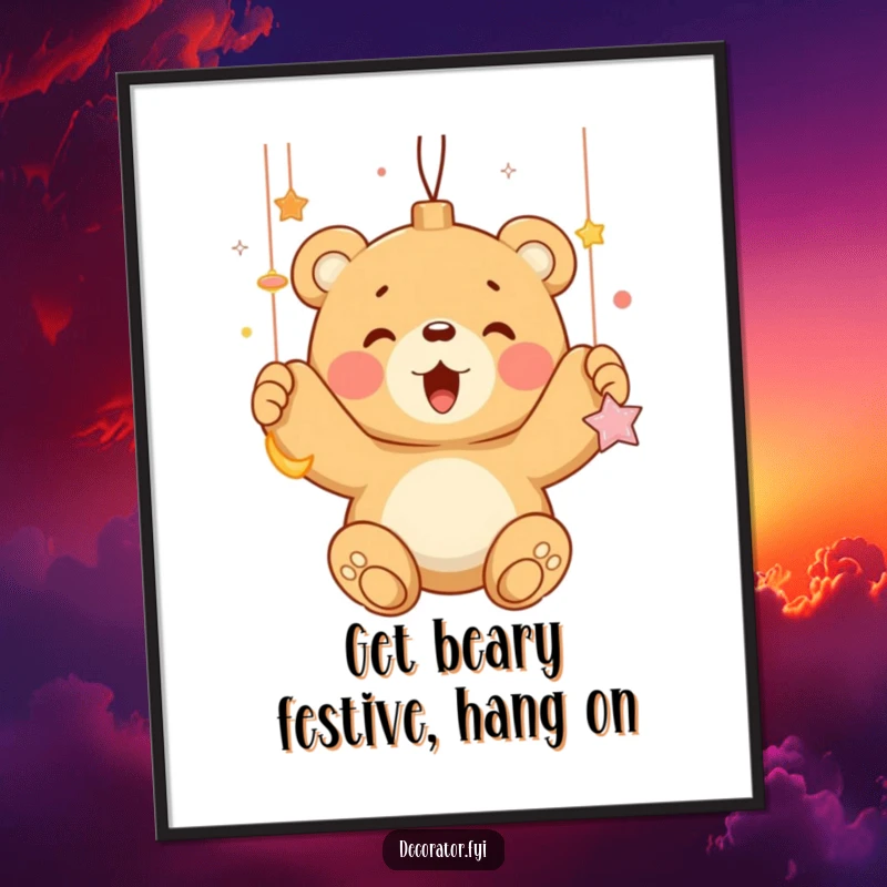 Funny free printable wall art: An enthusiastic bear cub joyfully hangs shiny ornaments, creating a heartwarming and comical piece of downloadable decor.