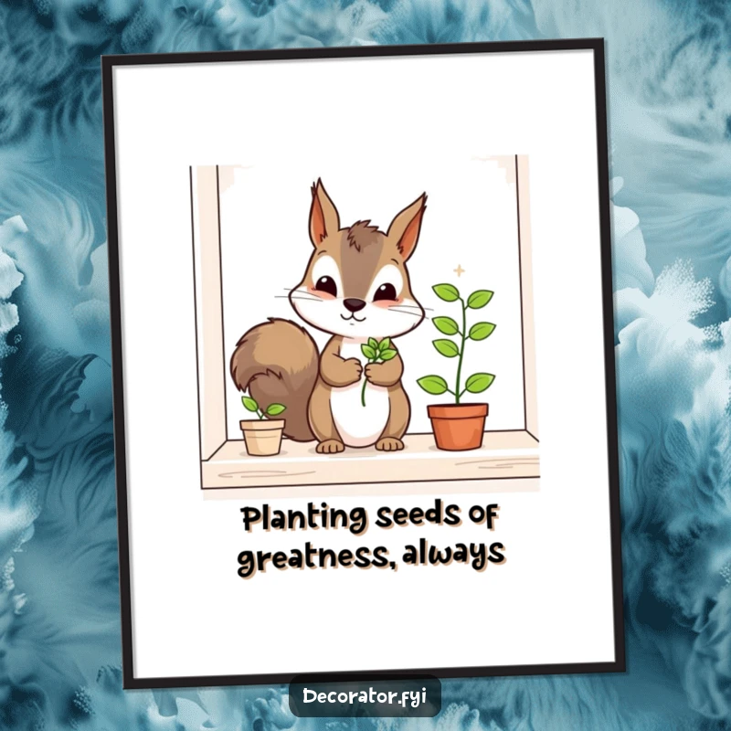 Funny Free Printable Wall Art: Determined squirrel carefully placing a tiny plant on a shelf, a humorous nature-themed piece.