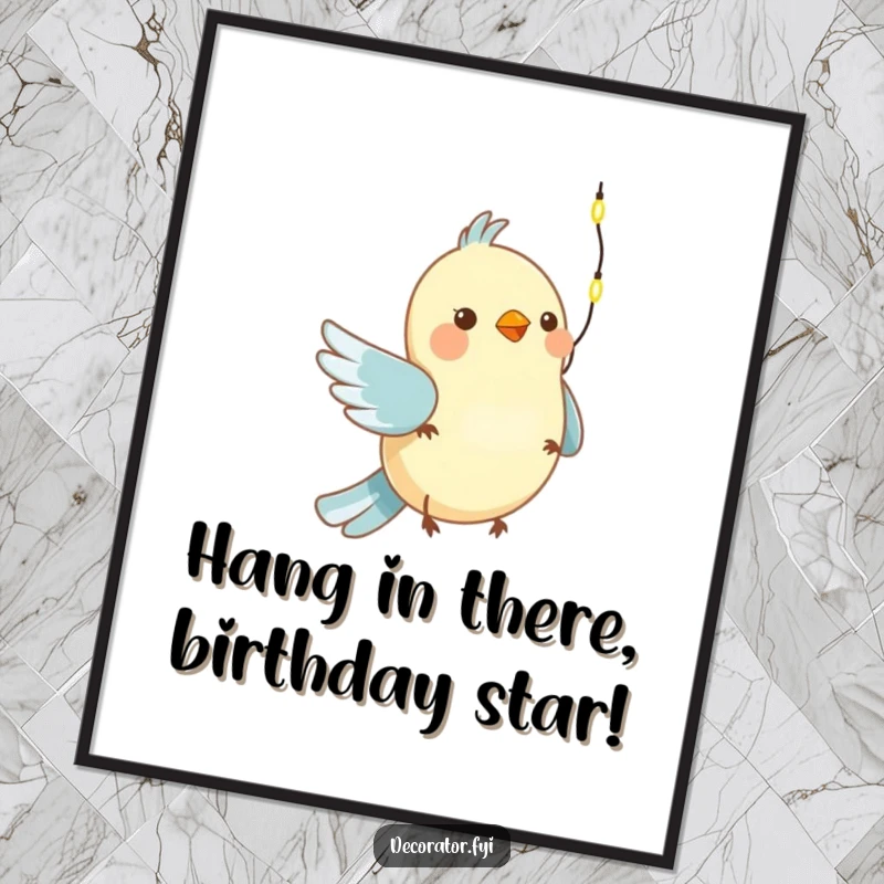 Funny Free Printable Wall Art depicting a joyful bird happily hanging a string of tiny Christmas lights.