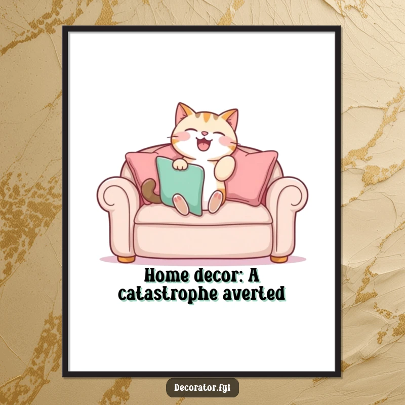 Funny Free Printable Wall Art of a cat gleefullly arranging multiple colorful cushions on a sofa.