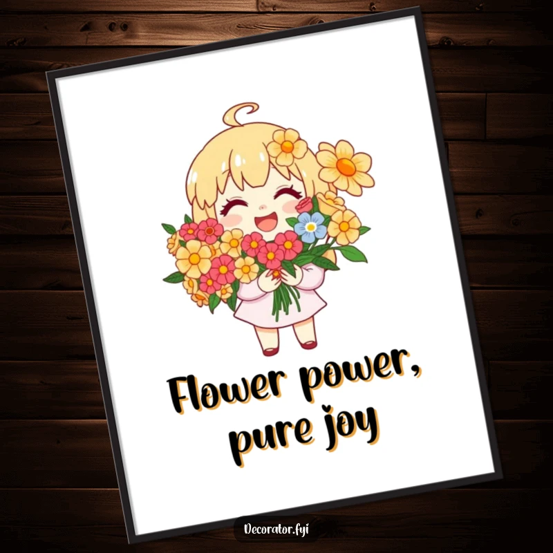 Funny Free Printable Wall Art: Joyful character happily arranging a large, vibrant bouquet of bright flowers, a masterpiece of color and cheer.