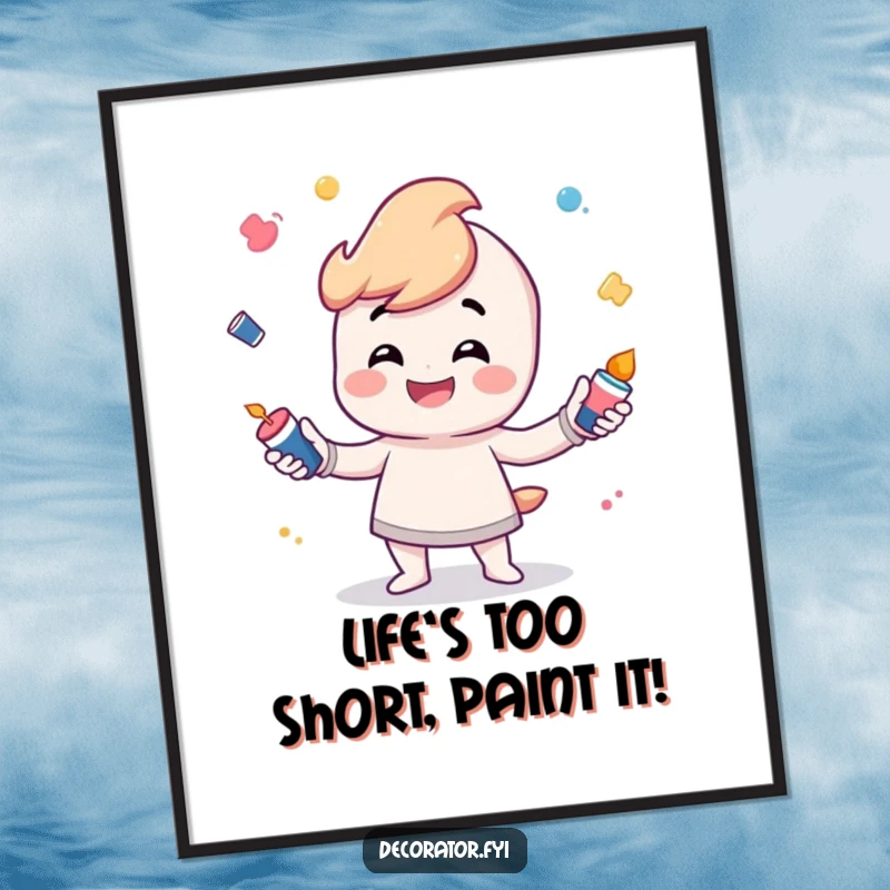 Funny Free Printable Wall Art: Playful character with a wide grin, energetically juggling several small, brightly colored paint pots.