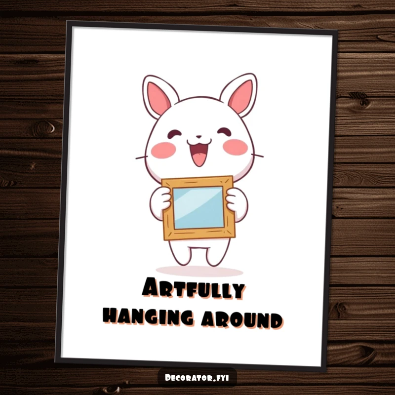 Funny Free Printable Wall Art: Energetic character enthusiastically hangs a small, whimsical picture frame, creating a quirky art piece.