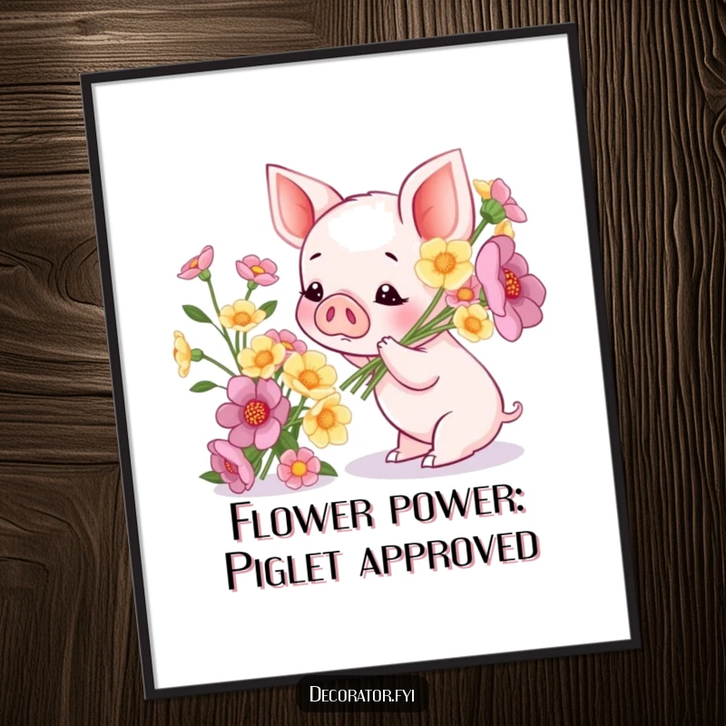 Funny Free Printable Wall Art of a cute piglet admiring a bountiful arrangement of colorful flowers.