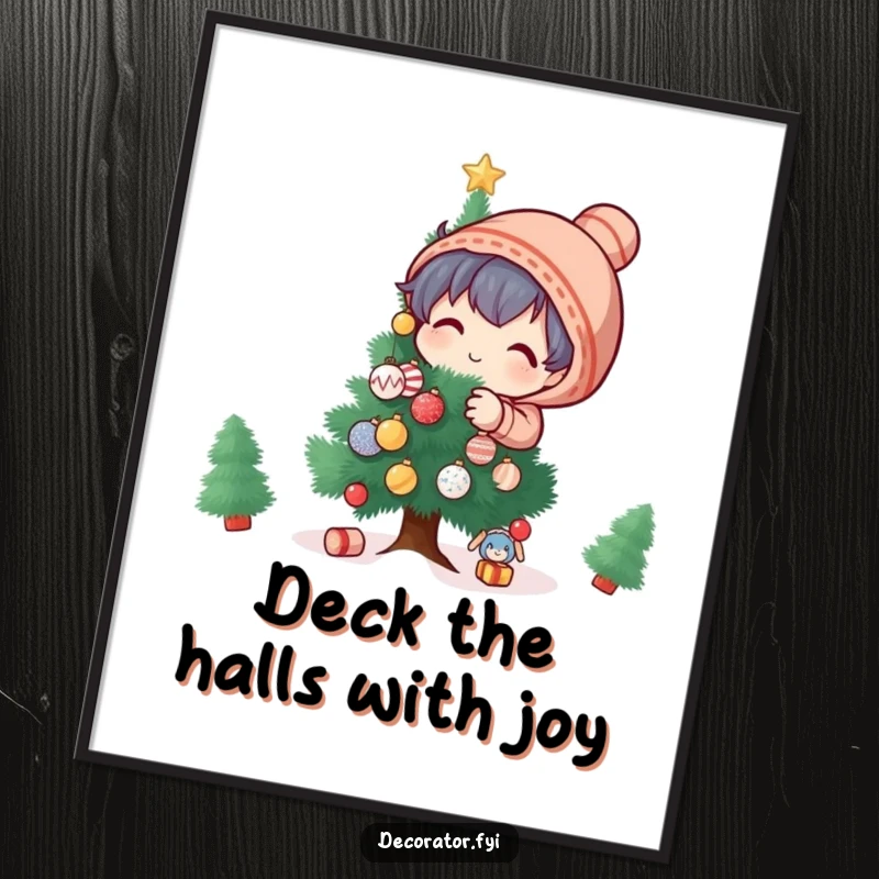 Funny Free Printable Wall Art: Playful character expertly decorating a miniature tree with tiny, glittering ornaments, a charming holiday vibe.