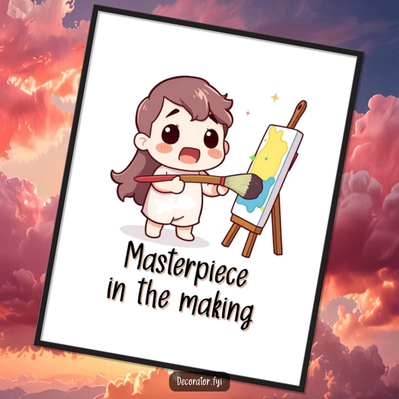 Funny Free Printable Wall Art: Surprised painter wielding a massive brush, creating a vibrant, unexpected splash of color on canvas.