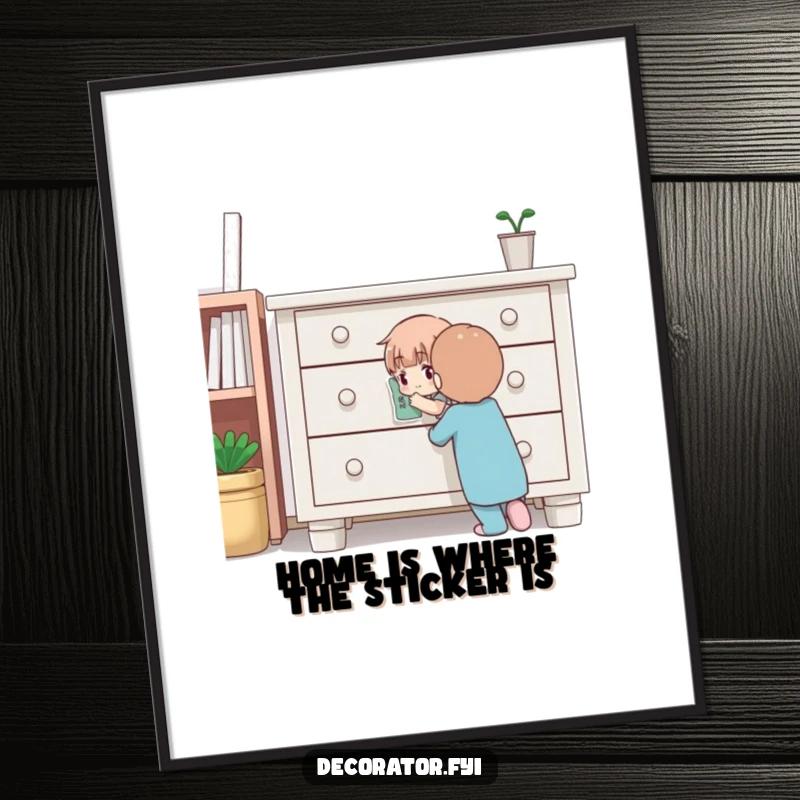 Funny Free Printable Wall Art: Character intently applying a tiny sticker onto a piece of furniture.