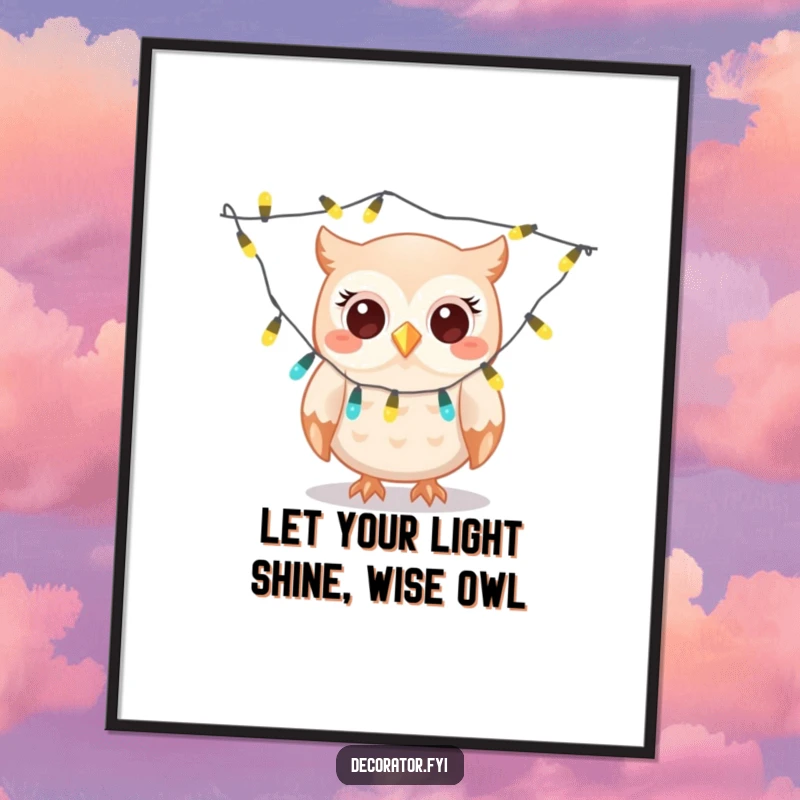Funny Free Printable Wall Art: Giggling owl gleefully draping a string of twinkling lights, adding whimsy to decor.