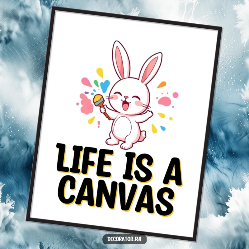 Funny Free Printable Wall Art: A cute bunny excitedly applies vibrant, colorful paint to a wall, creating a playful mess.