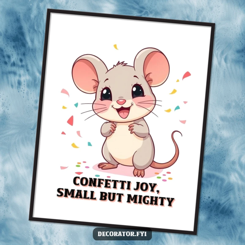 Funny Free Printable Wall Art: A cheerful mouse scatters colorful confetti with a celebratory flourish, adding fun.