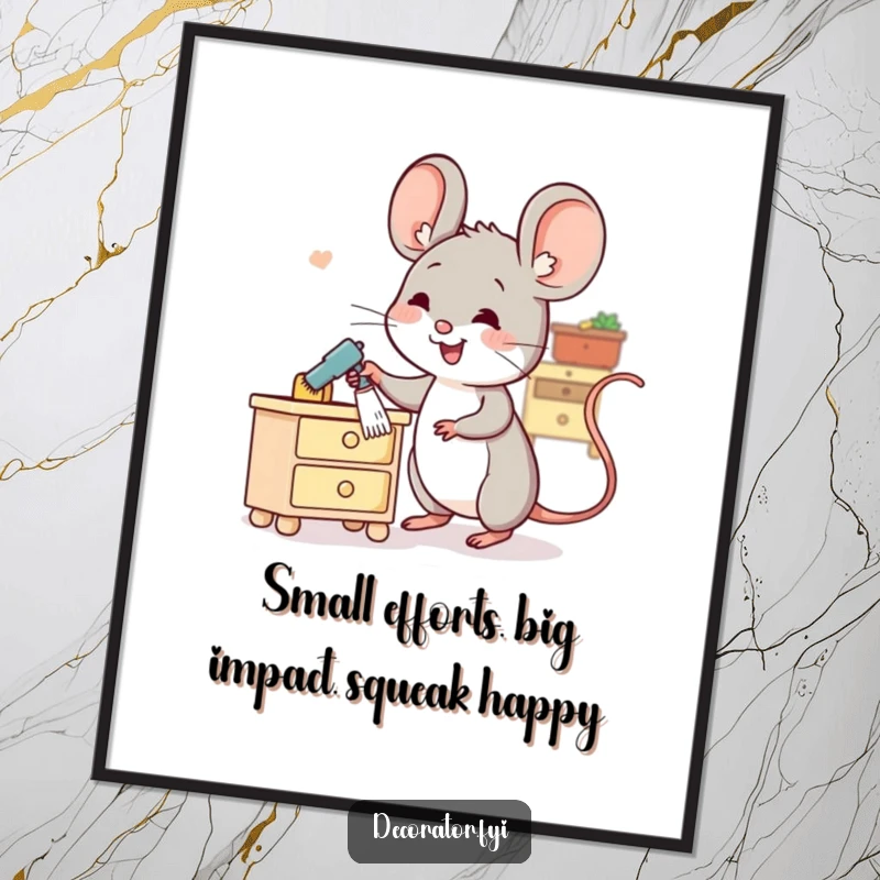 Funny Free Printable Wall Art: Cheerful mouse character dusting miniature furniture, a whimsical and humorous decor piece.