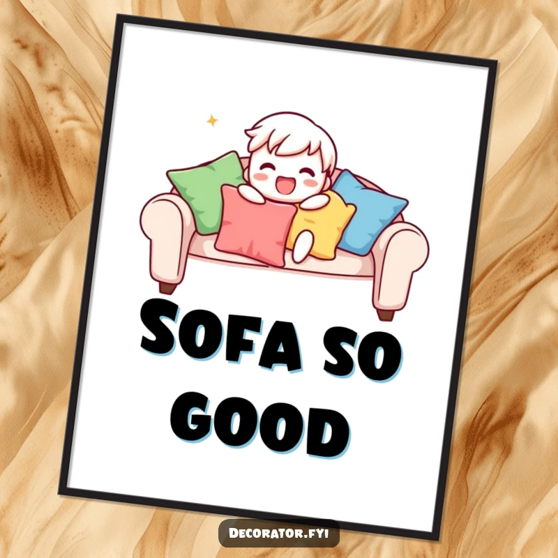 Funny Free Printable Wall Art: Character gleefully arranging colorful cushions on a sofa with playful energy.