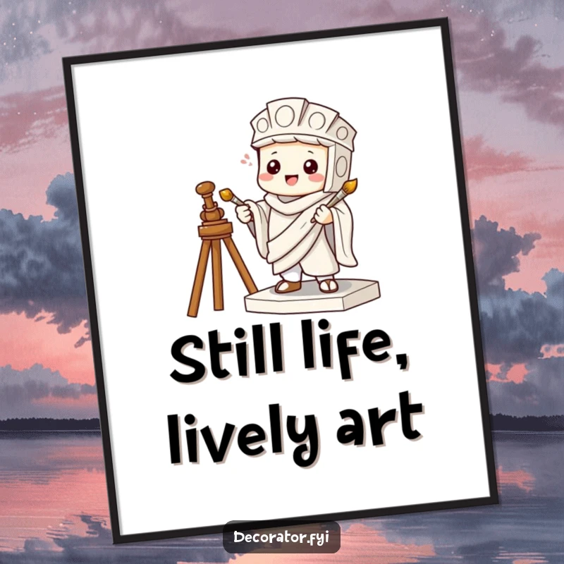 Funny Free Printable Wall Art: Mischievous character humorously mimics a statue while holding a tiny paintbrush, adding artful fun.