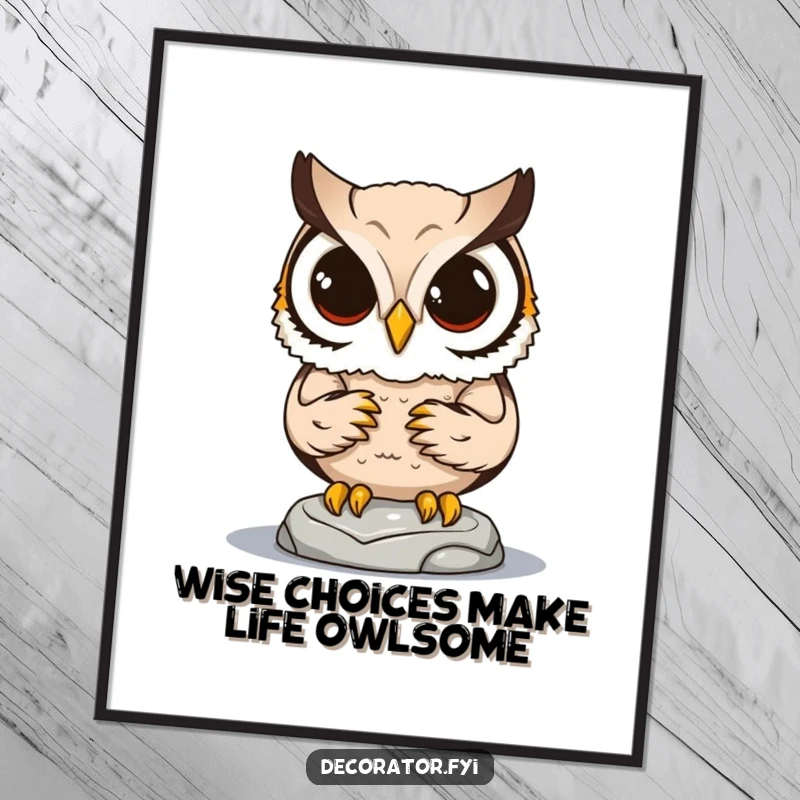 Funny Free Printable Wall Art: Determined owl character intently placing a small statue, a comical piece of art.