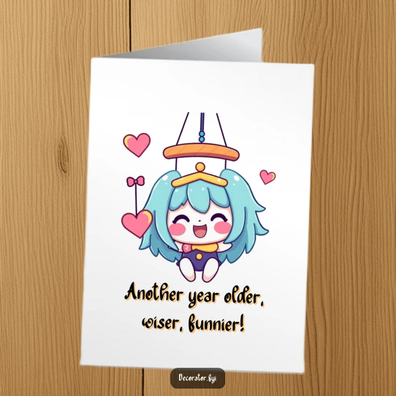 Funny Free Printable Birthday Card: Character joyfully hangs a colorful, whimsical mobile, spreading cheer for a DIY gift.