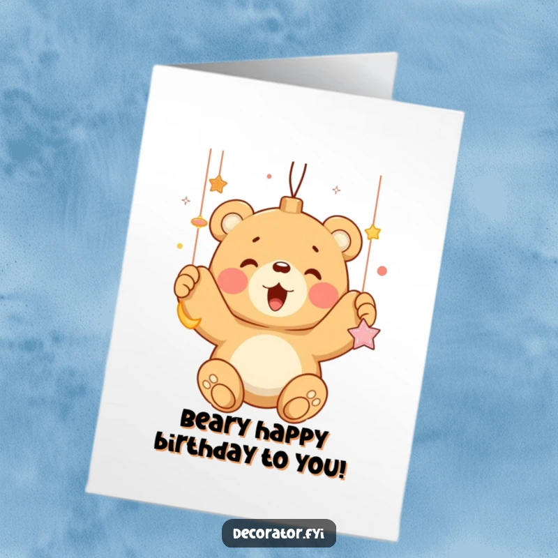 Funny free printable birthday card: A cheerful bear cub enthusiastically hangs shiny ornaments, spreading holiday cheer and birthday joy.