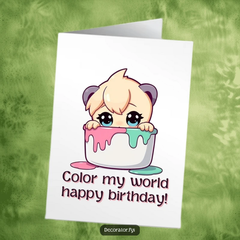 Funny Free Printable Birthday Card: Wide-eyed character curiously peers into a paint pot, exploring vibrant colors.