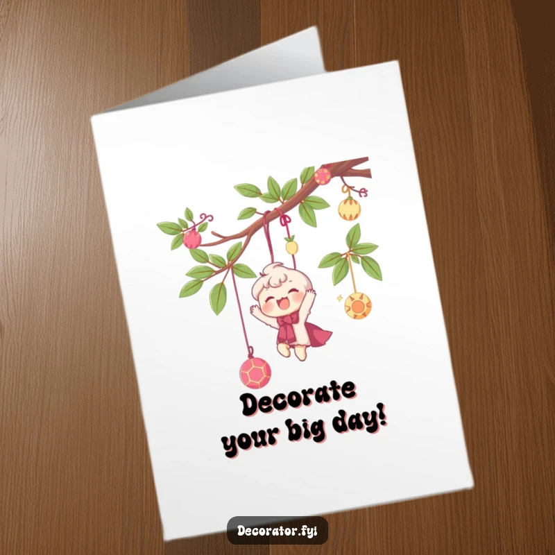 Funny Free Printable Birthday Card: A delighted character happily hanging whimsical decorations from a festive branch.