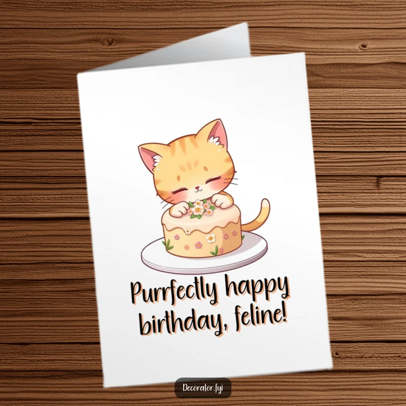 Funny Free Printable Birthday Card: Curious cat delicately decorates a small cake with tiny flowers, a charming gift.
