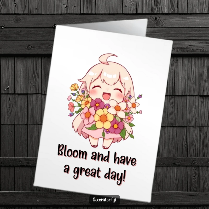 Free Printable Birthday Card: Joyful character proudly displaying a beautiful, perfectly crafted floral arrangement.