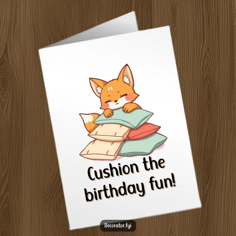 Funny Free Printable Birthday Card: Mischievous fox winks while playfully piling up soft, comfy cushions.