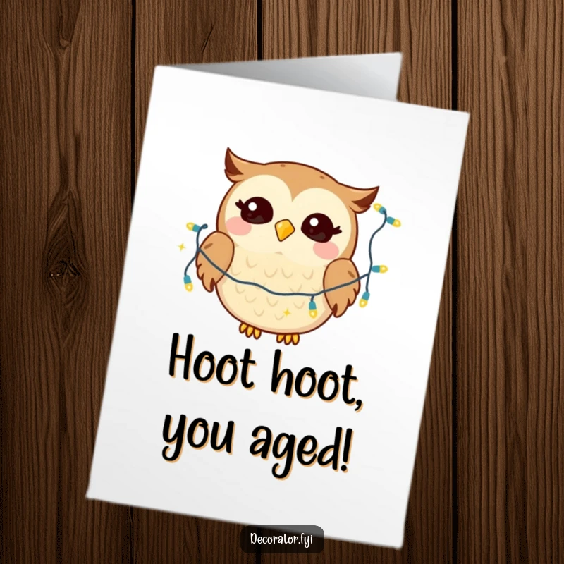 Funny Free Printable Birthday Card: Giggling owl drapes twinkling lights with pure glee, perfect for a festive DIY gift.