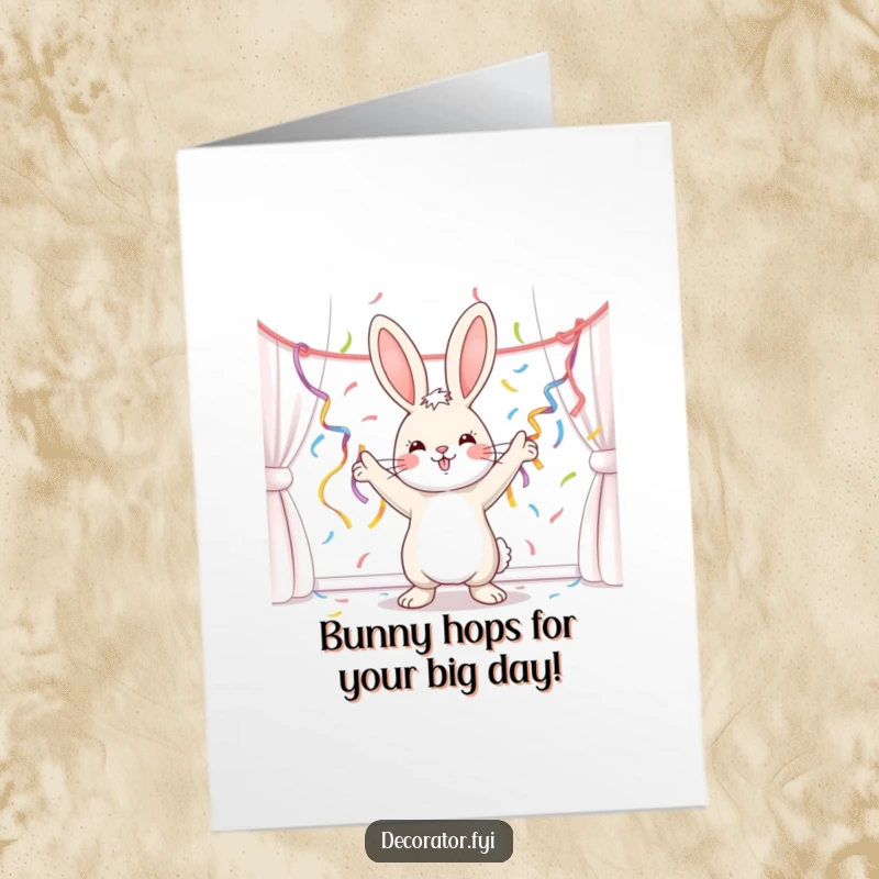 Funny Free Printable Birthday Card: A cheerful bunny with boundless energy, enthusiastically decorating a room with colorful streamers.