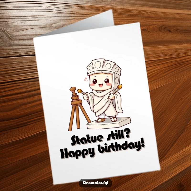 Funny Free Printable Birthday Card: Mischievous character comically pretends to be a statue holding a tiny paintbrush.
