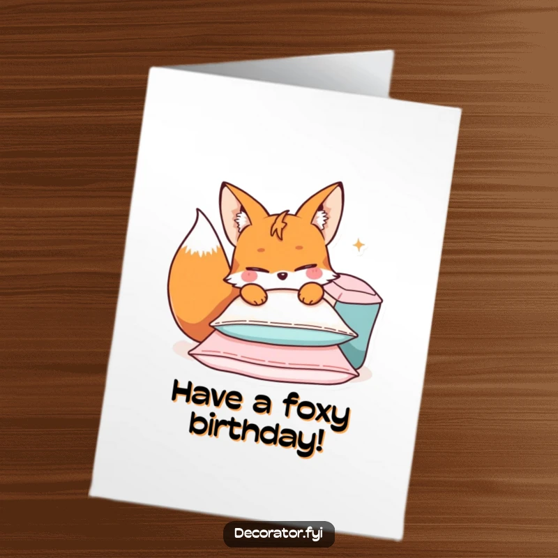 Funny Free Printable Birthday Card: Mischievous fox character with a playful wink, arranging a cozy pile of cushions for a fun celebration.