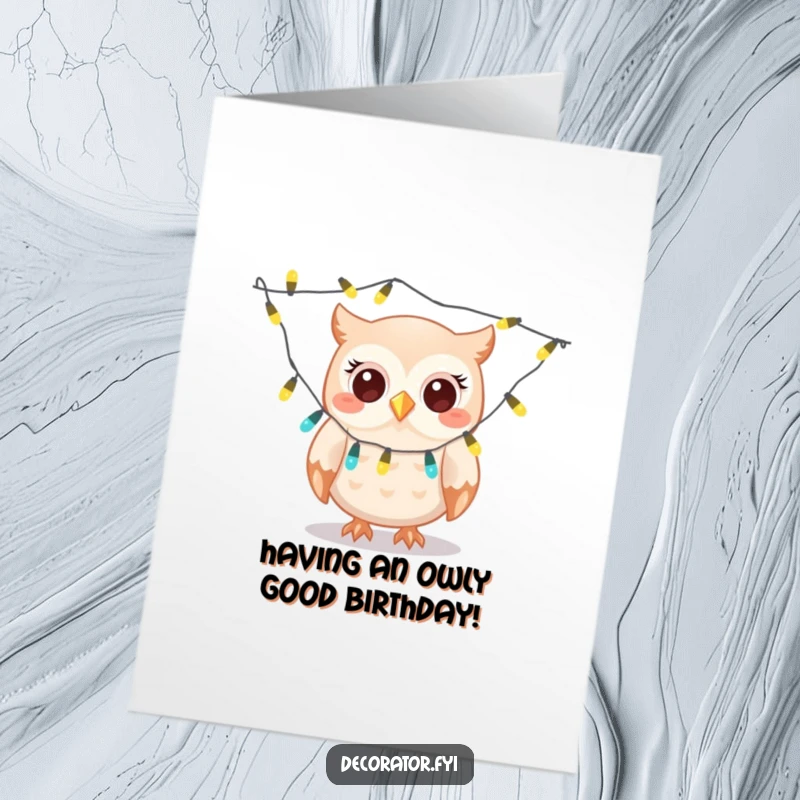Funny Free Printable Birthday Card: Giggling owl gleefully draping a string of twinkling lights, festive and fun.