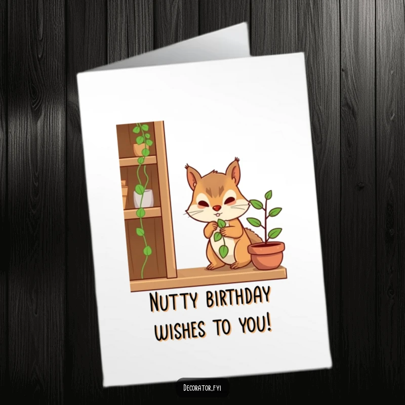 Funny Free Printable Birthday Card: Determined squirrel character carefully placing a tiny plant on a shelf, symbolizing growth and celebration.