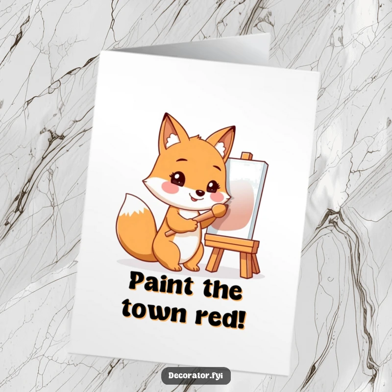 Funny Free Printable Birthday Card: Smiling fox artist holds a paintbrush, ready to create a masterpiece for your birthday.