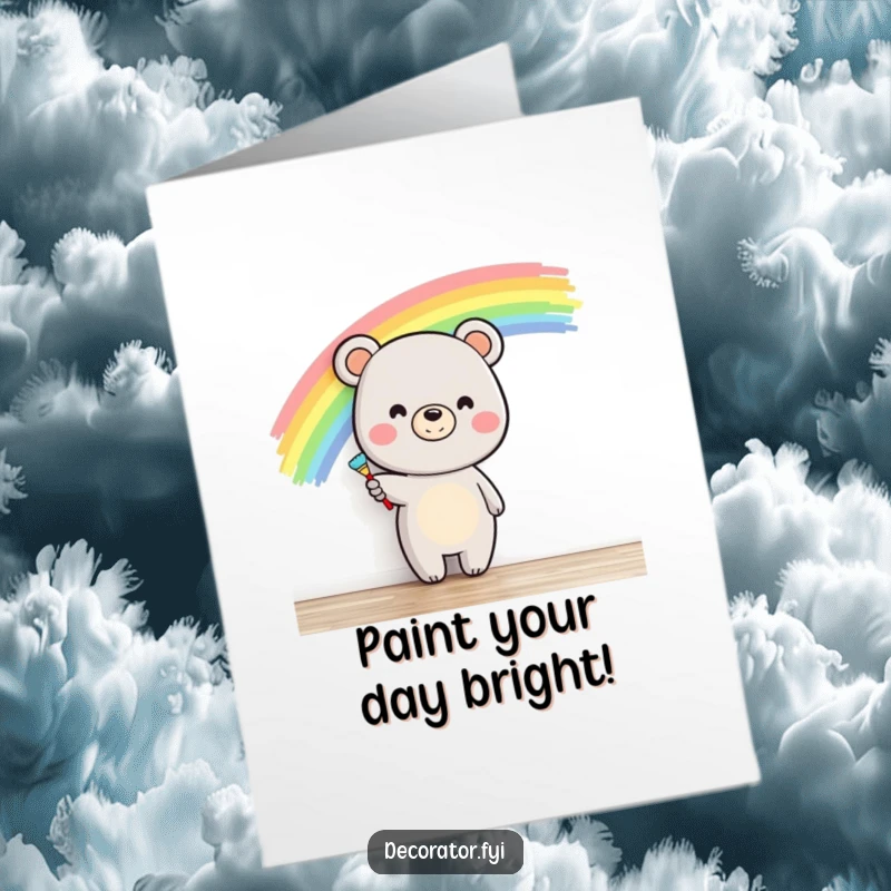 Funny Free Printable Birthday Card: Happy bear with a big smile paints a vibrant rainbow across a blank wall.