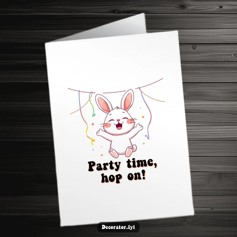 Funny Free Printable Birthday Card: Joyous rabbit bounces high while happily hanging colorful party streamers.
