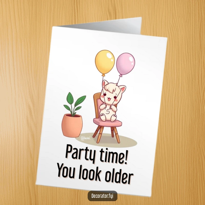 Funny Free Printable Birthday Card: Mischievous character tying balloons to a chair for a hilarious surprise.