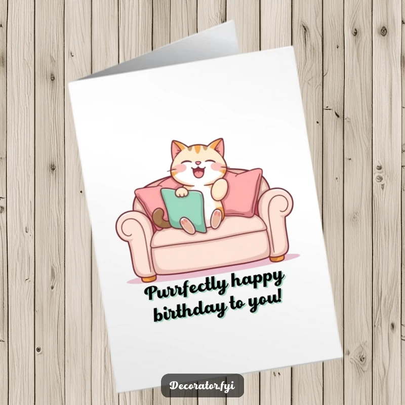 Funny Free Printable Birthday Card: a cat gleefully arranging colorful cushions on a sofa with enthusiasm.