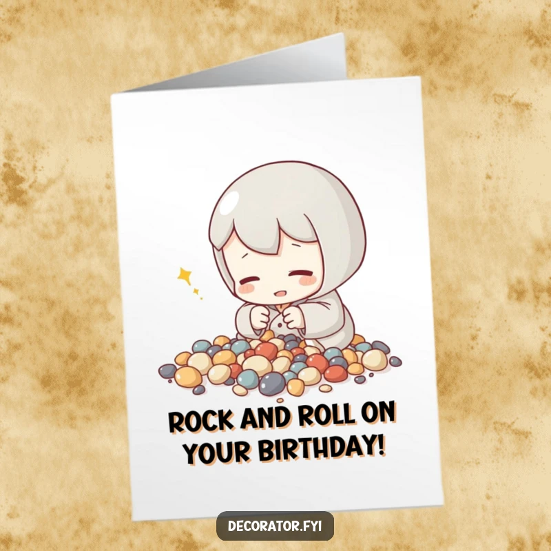 Free Printable Birthday Card: Content character humming while meticulously arranging tiny decorative stones.