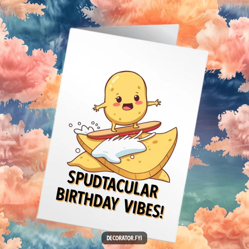 Funny Free Printable Birthday Card: A determined potato bravely surfing on a giant potato chip, ready to ride the birthday wave.