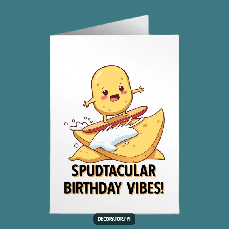 Free Printable Surfing Potato Birthday Card: Funny Chip Wave Downloadable Gift