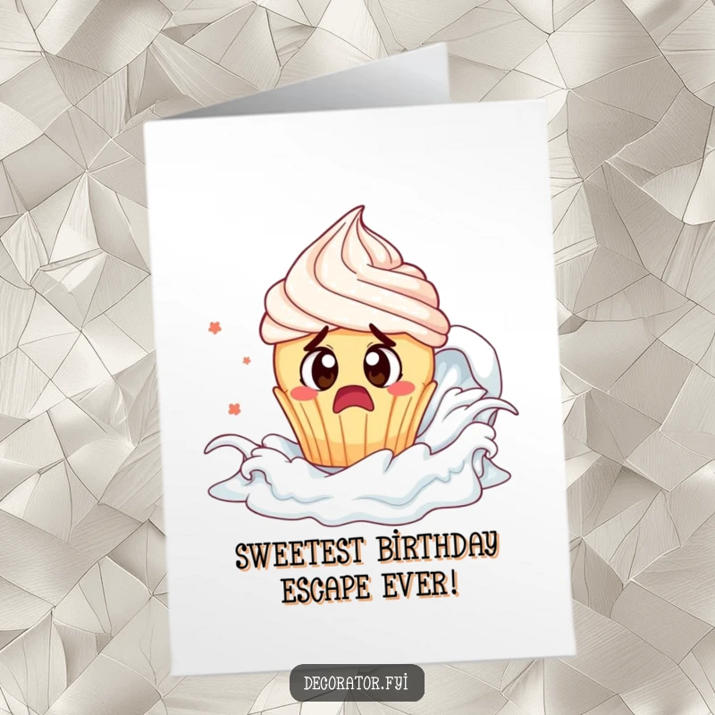 Funny Free Printable Birthday Card: A startled cupcake with wide eyes tries to flee a massive, overwhelming frosting tsunami!