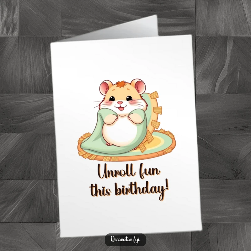 Funny Free Printable Birthday Card: Hamster happily unfurls a vibrant rug, ready for a delightful birthday party.