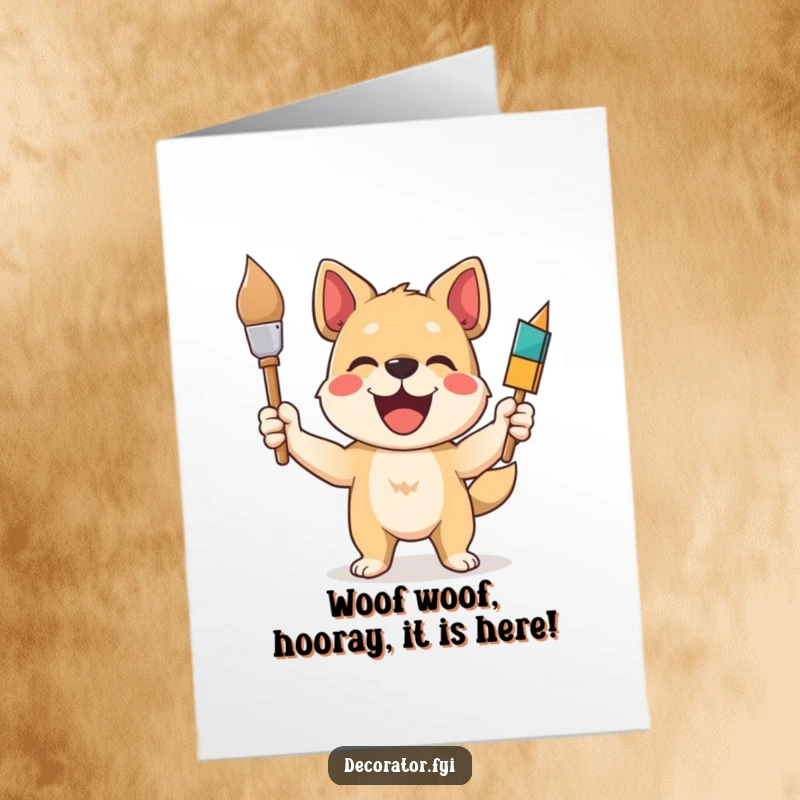 Funny Free Printable Birthday Card: A delighted dog proudly holds a paintbrush after painting a masterpiece, ready to celebrate.