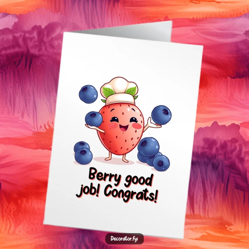Funny Free Printable Congratulations Card: A strawberry chef expertly juggles blueberries, celebrating your amazing accomplishment!