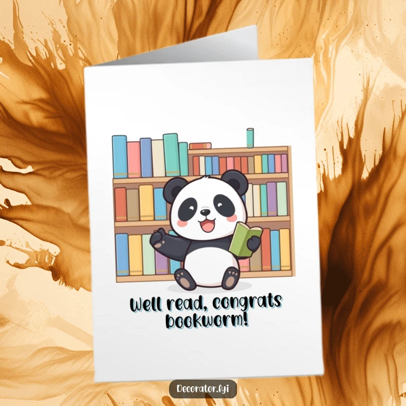 Funny Free Printable Congratulations Card: A happy panda arranges books, celebrating a new achievement or milestone.