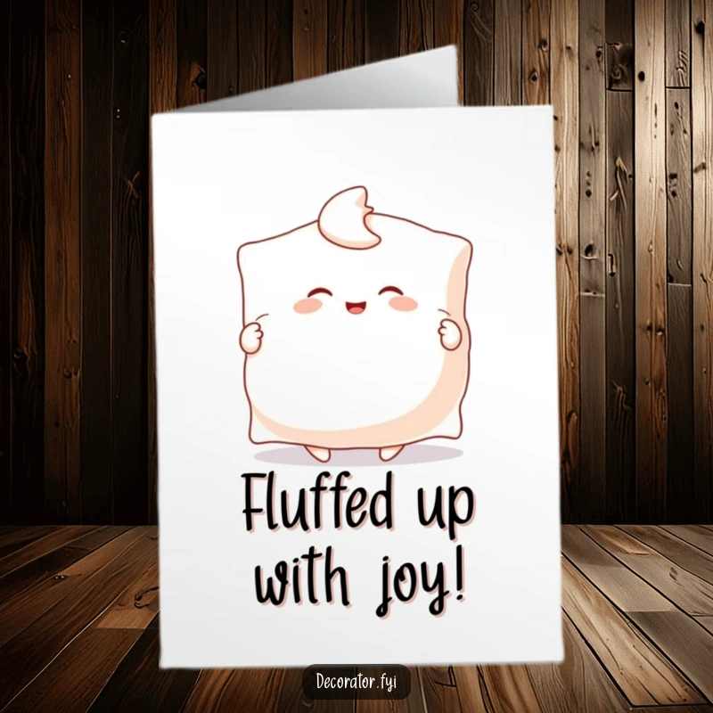 Funny Free Printable Congratulations Card: Character happily fluffs a large pillow with both hands.
