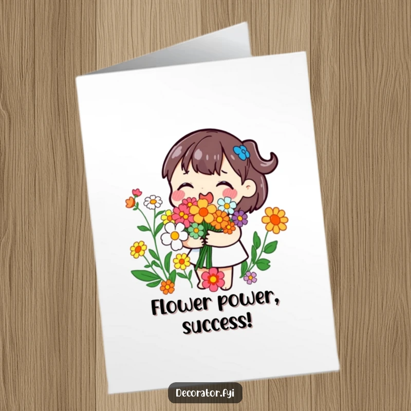 Funny Free Printable Congratulations Card: A playful character joyfully arranging colorful flowers into a celebratory bouquet.