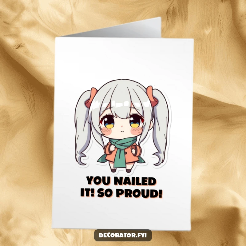 Funny Free Printable Congrats Card: Determined character carefully places an accent piece, celebrating a successful new endeavor.